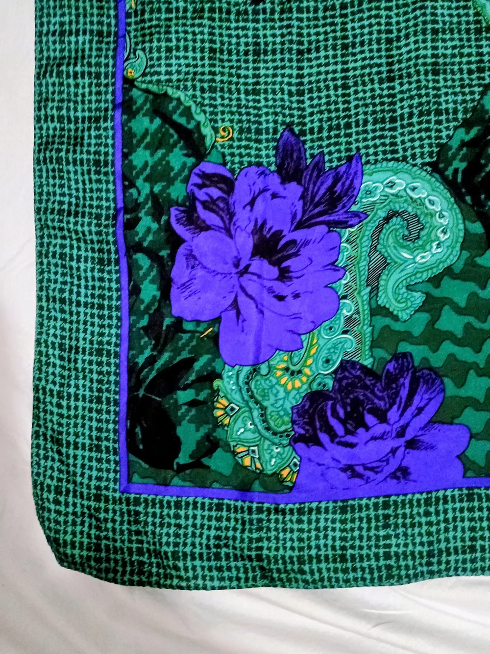 CHRISTIAN DIOR Green & Purple Floral Paisley Square Silk Scarf